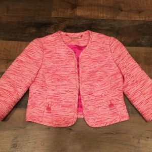 Trina Turk Pink & White Cotton Blend Three Quarter Sleeve Short Jacket, Sz 2